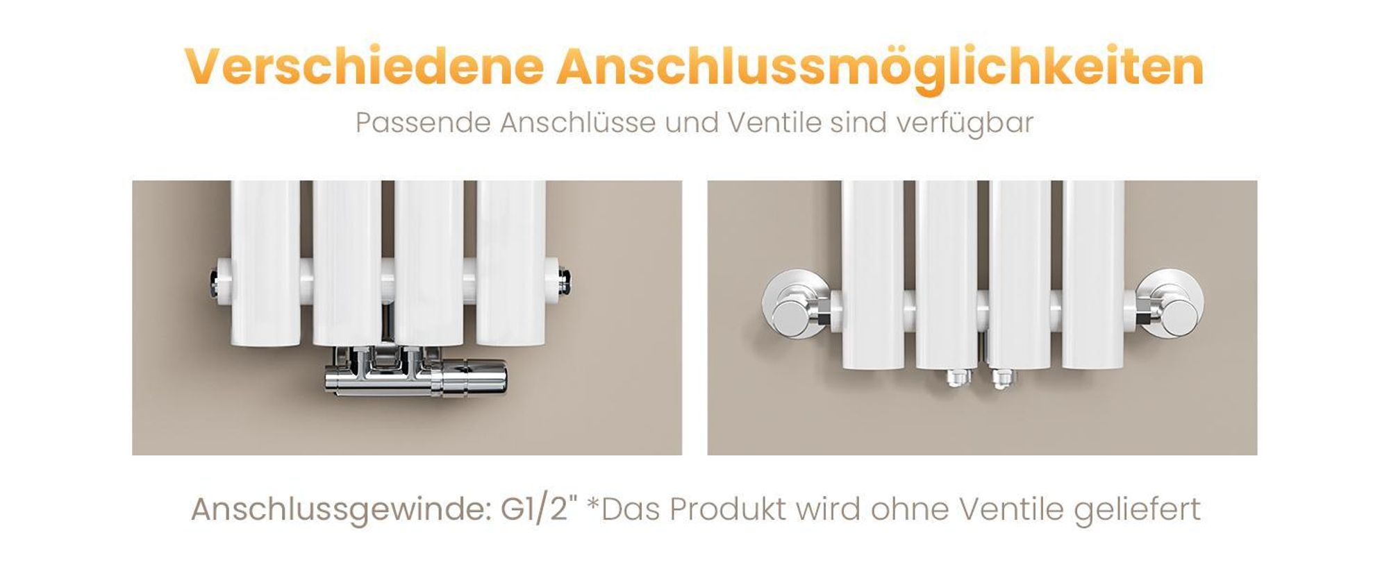 EMKE Design-Röhrenheizkörper für Warmwasserbetrieb Mittelanschluss Vertikal Oval Doppellagig 623 Watt 24cm x 160cm Weiß ohne Heizstab