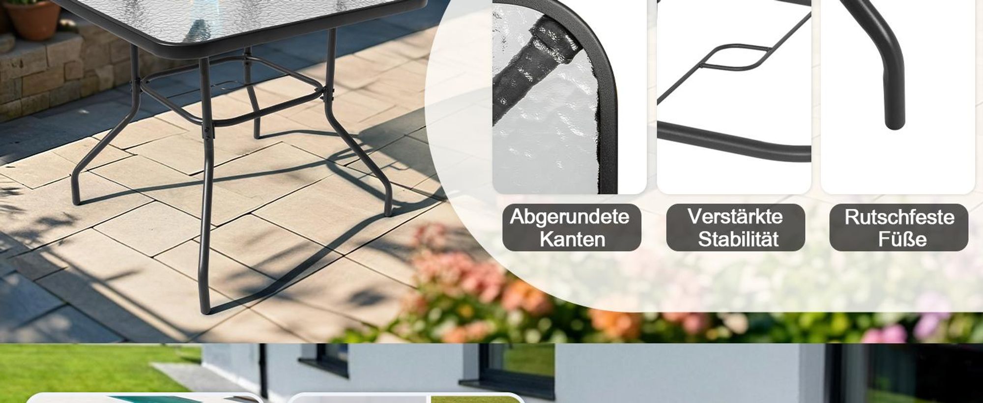 Gartentisch mit Tischplatte aus gehärtetem Glas, Schwarz