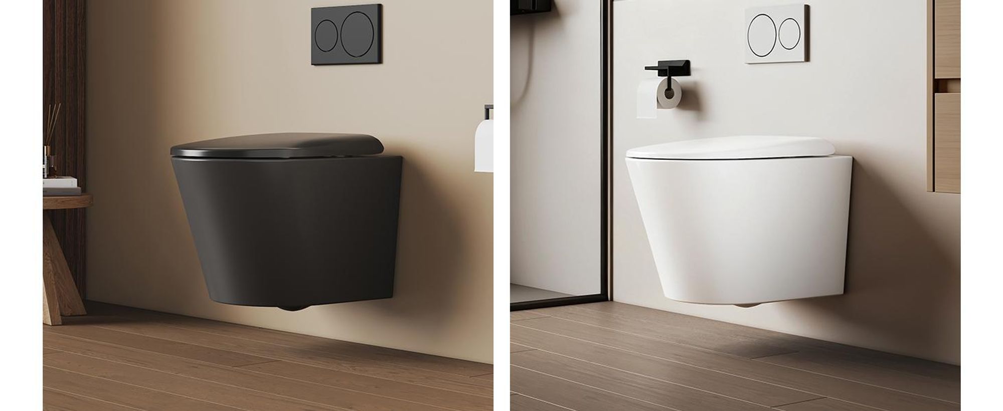 EMKE Toilettes suspendues Céramique Contre-chasse double trou Économie d'eau Montage mural Toilettes avec chasse d'eau directe Couvercle Soft-Close silencieux Blanc brillant