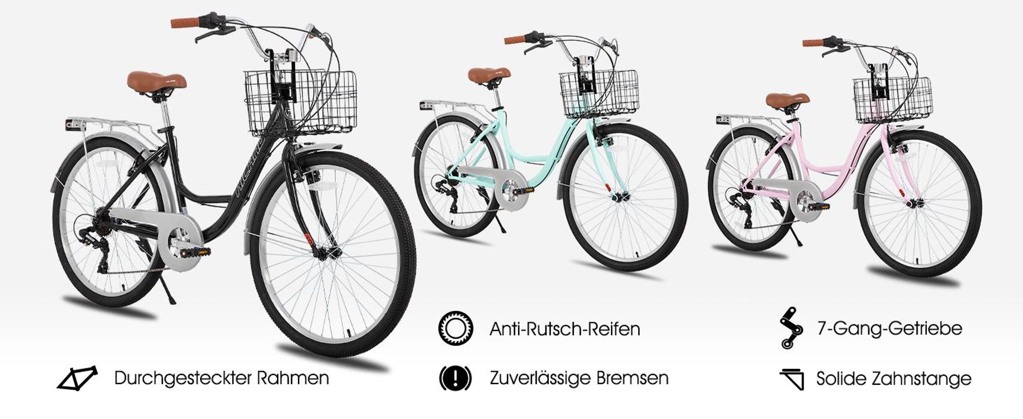 Hiland 26 Zoll Cityräder für Erwachsene, Step-Through Rahmen Damenfahrrad mit Gepäckträger und Korb, Herren und Damen 7 Gang  City-Pendlerfahrrad