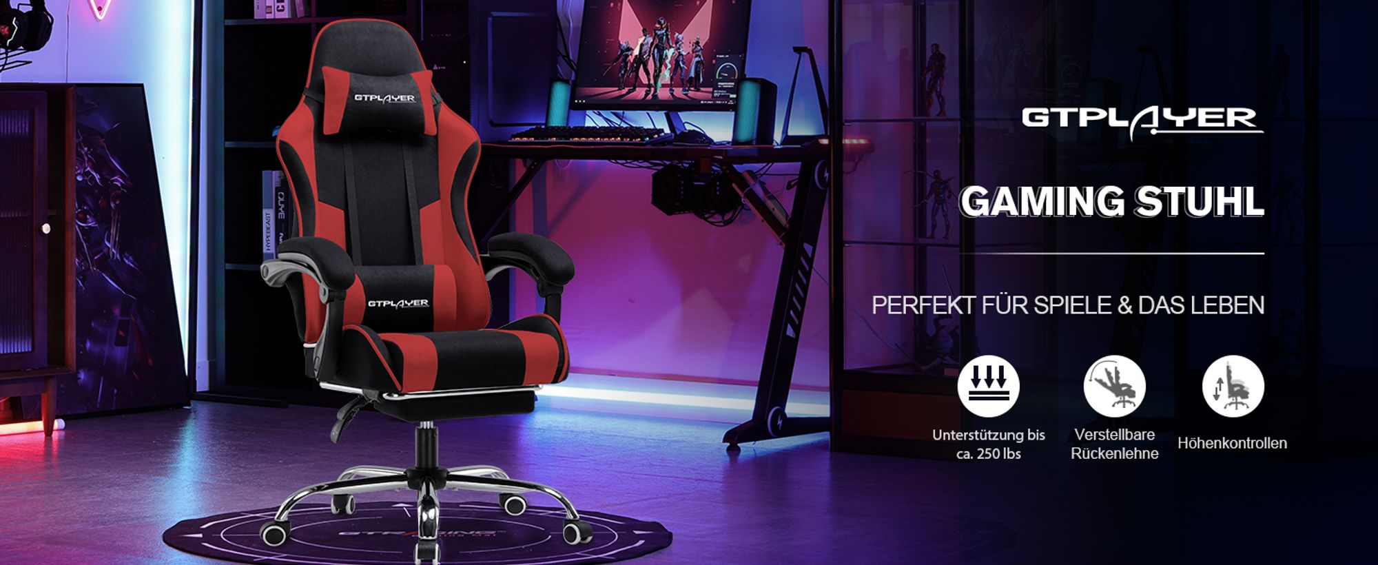 GTPLAYER Bürostuhl Gaming Stuhl Stoff Gaming Sessel Ergonomischer Gamer Stuhl mit Fußstütze, Kopfstütze Lendenkissen, Gepolstert Gaming Chair, ROT