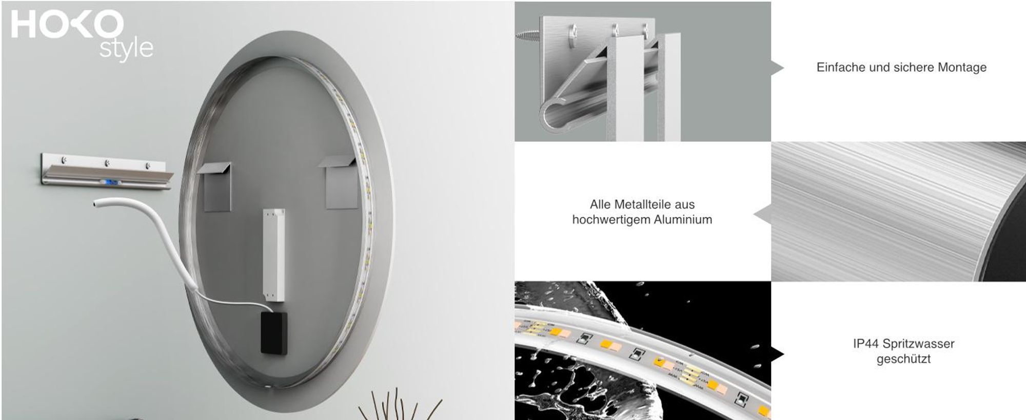 HOKO Design Badspiegel LED rund 60cm mit LED Farbtemperatur stufenlos einstellen 2700K-6500K Warmweiß - Kaltweiß - Neutral,Touch Schalter,Memory,IP44