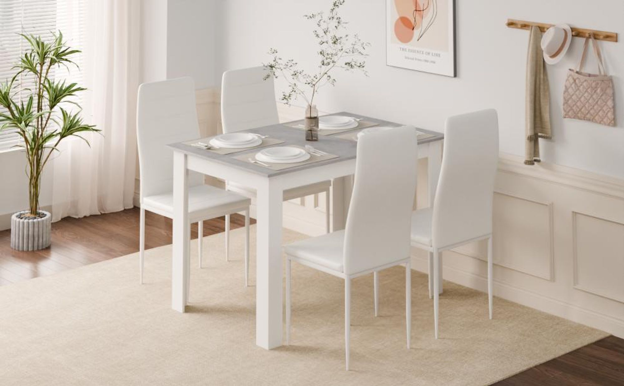 Mondeer Esstischset Essgruppe Esszimmergruppe mit 4 Stühlen Esstisch aus Holz Küchentisch Grau+Weiß