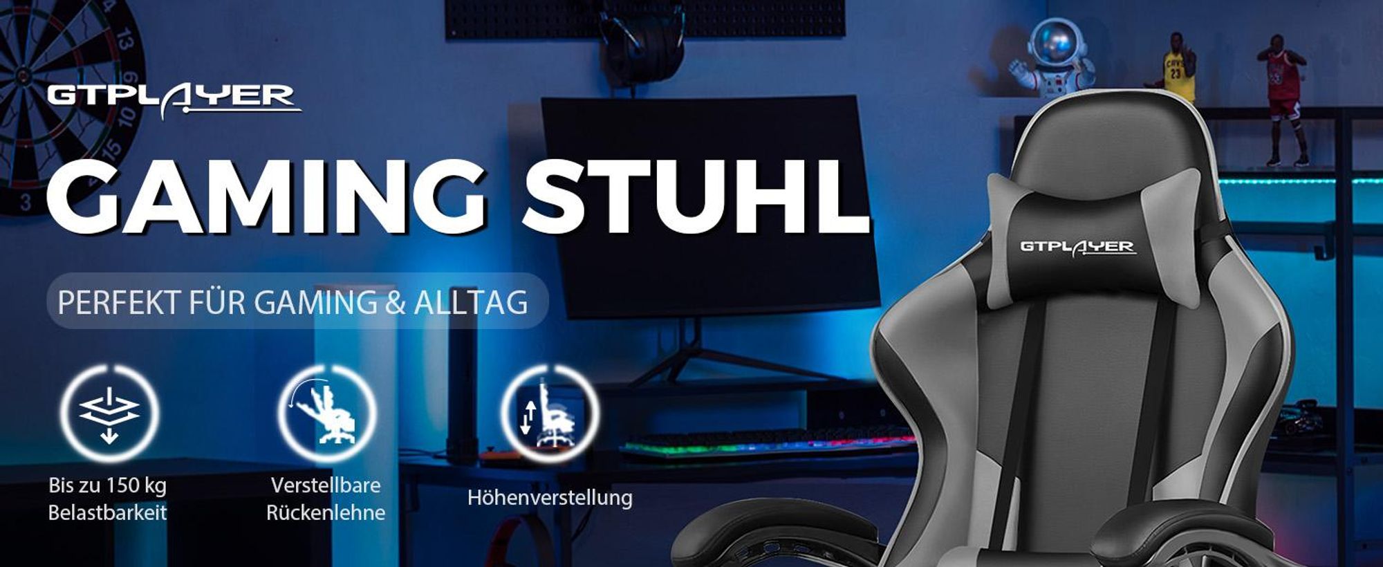 GTPLAYER Bürostuhl Gaming Stuhl Massage Gaming Sessel Ergonomischer Gamer Stuhl mit Fußstütze, Kopfstütze Massage-Lendenkissen, Gepolstert Gaming Chair, Drehsessel