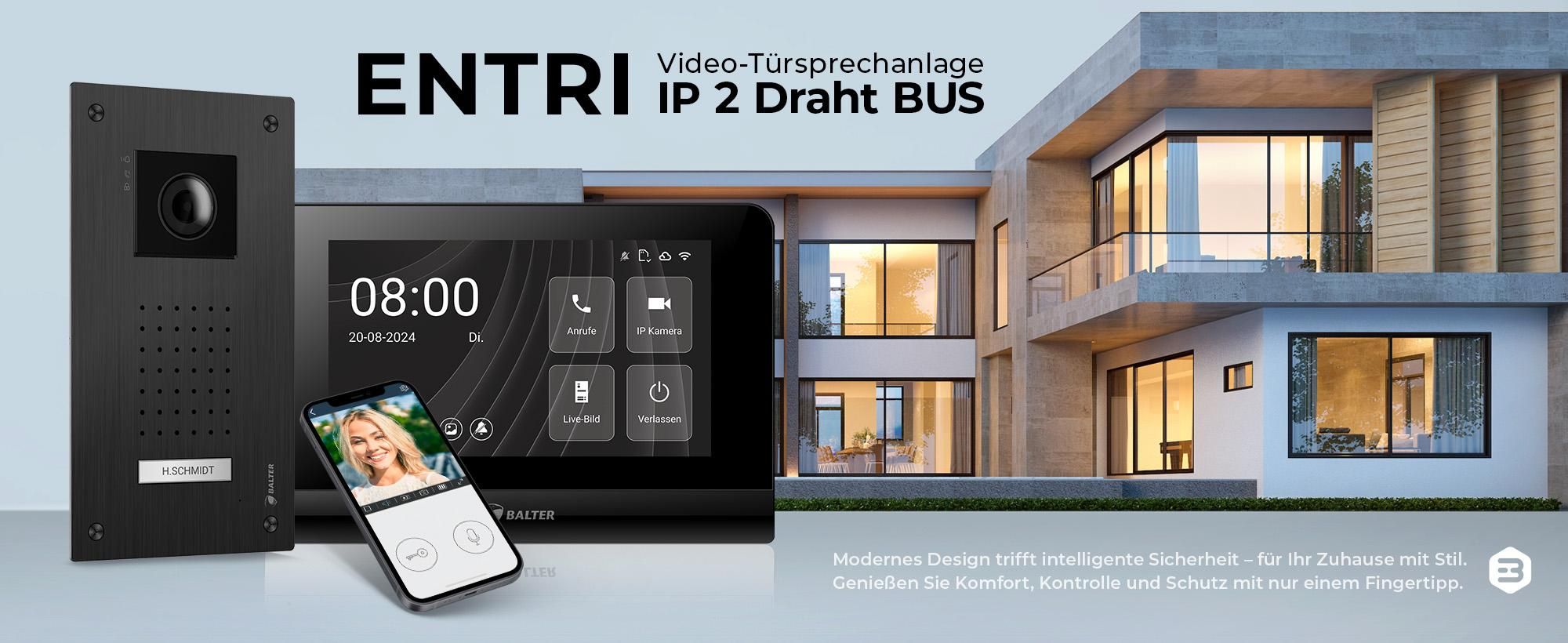 Entri L Video Türsprechanlage, 1 Familienhaus mit 7-Zoll Monitor, 2-Draht, Unterputz, Video Türklingel Smartphone App, Full HD Kamera, schwarz