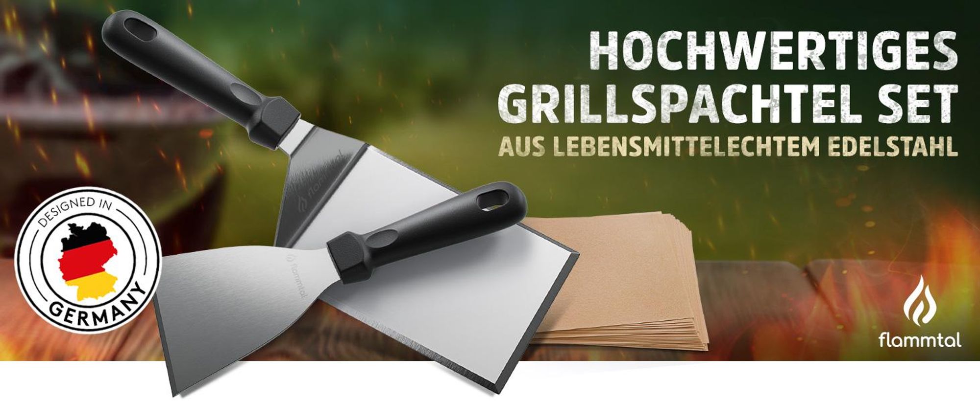 Flammtal Smash Burger Set aus Edelstahl – Hochwertiger Plancha Spachtel inkl. 20x Burgerpapier für Smash Burger – Spachtel für Plancha & Teppanyaki