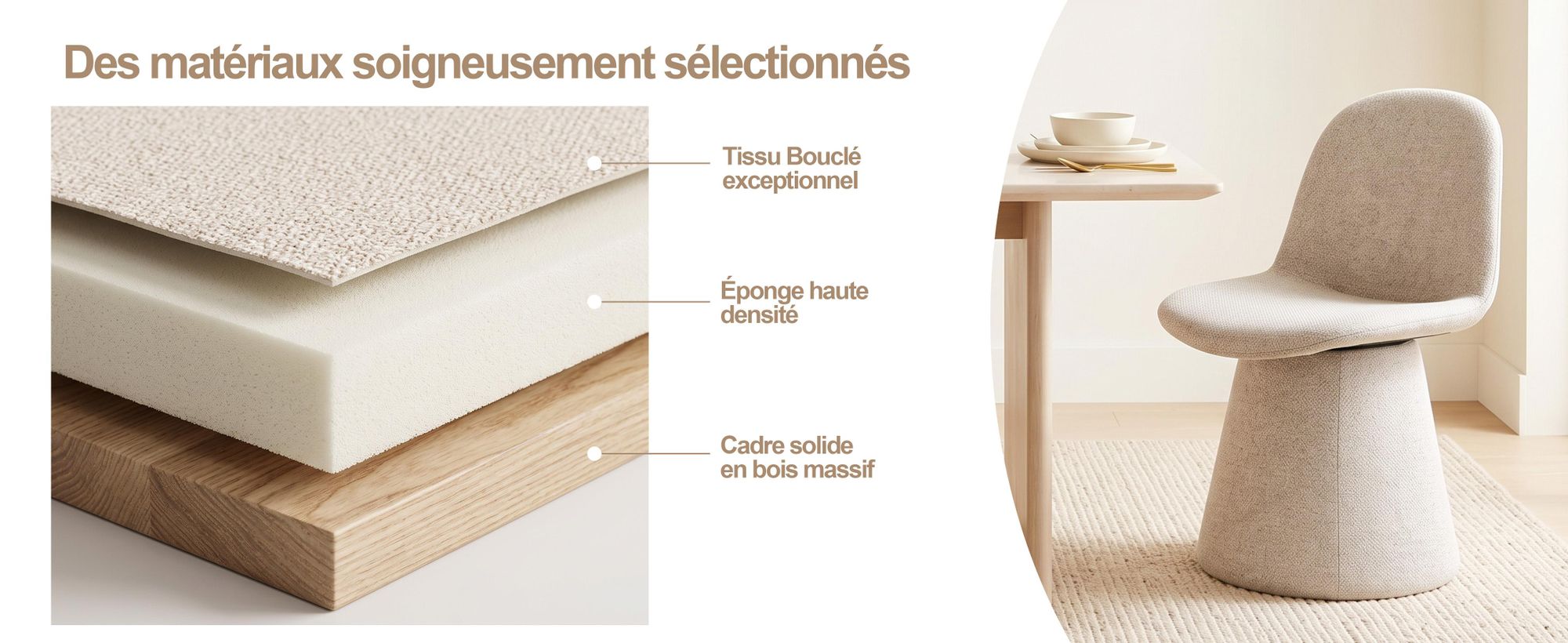 Duhome Chaise de salle à manger en tissu bouclé Chaise rembourrée Fauteuil avec dossier Chaise pivotante pour salle à manger Salon Chambre à coucher, Beige