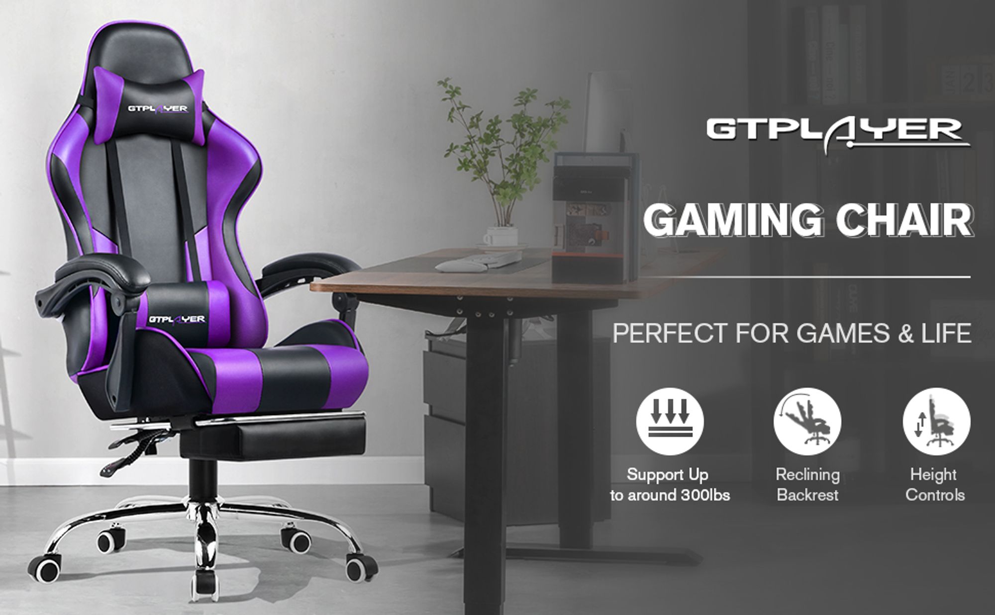 GTPLAYER Gaming-Stuhl Schreibtischstuhl, Ergonomischer Bürostuhl Mit Massagefunktion und Fußstütze, Gestänge Handlauf, Fußkreuz aus Stahl, Violett