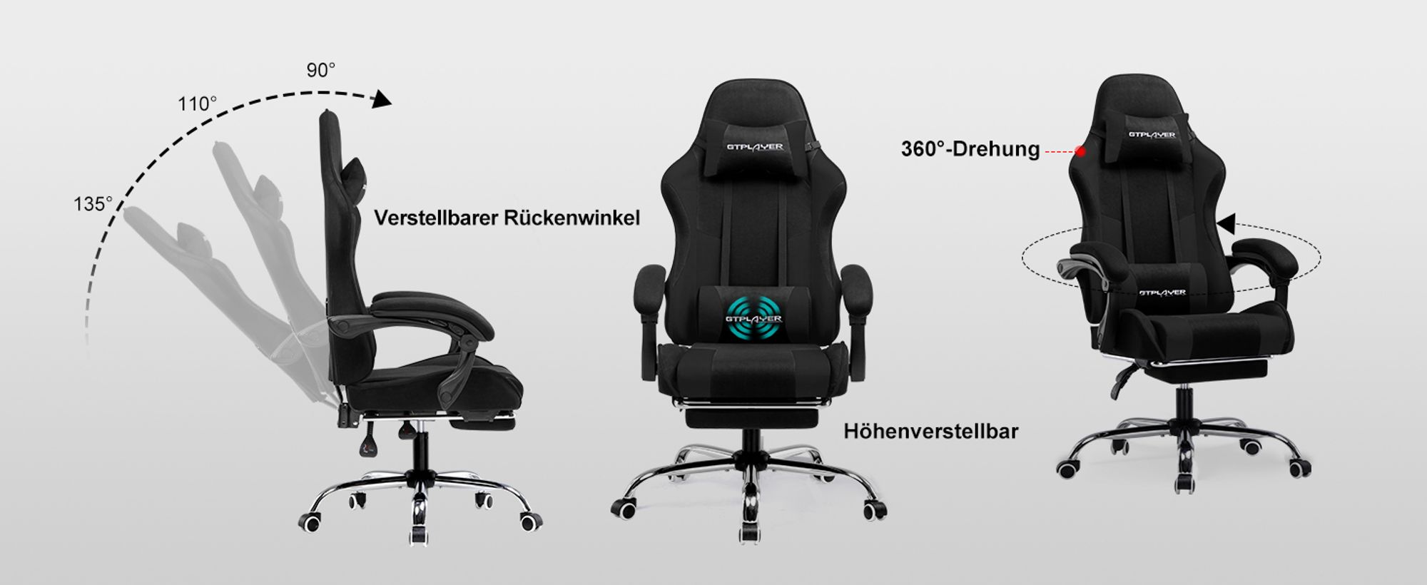 GTPLAYER Bürostuhl Gaming Stuhl Stoff Gaming Sessel Ergonomischer Gamer Stuhl mit Fußstütze, Kopfstütze Lendenkissen, Gepolstert Gaming Chair, schwarz