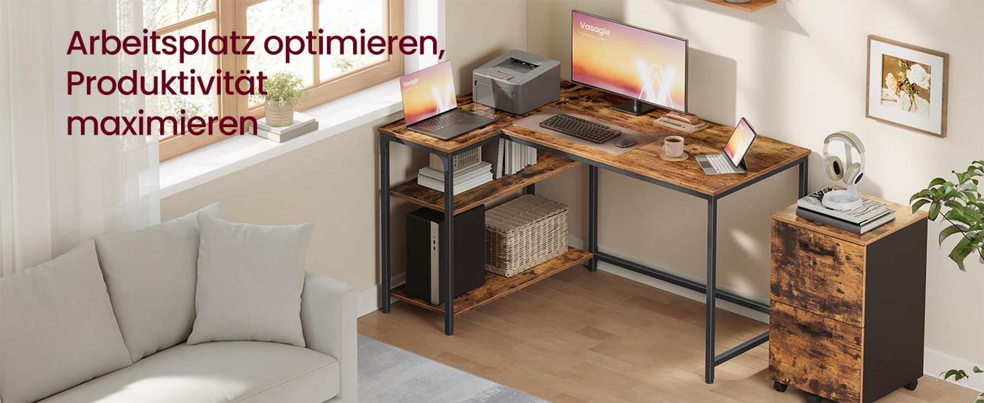 VASAGLE Schreibtisch mit Stauraum, L-Form Computertisch, höhenverstellbare Ablage, Büro, 120 x 80 cm, braun