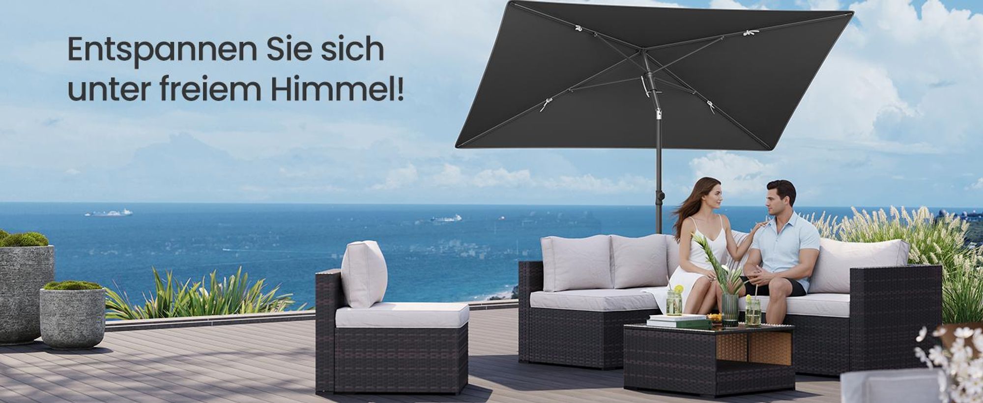 SONGMICS Sonnenschirm 232 x 149 cm, UPF 50+ Sonnenschutz für Garten Terrasse Strand, knickbar, ohne Ständer, grau