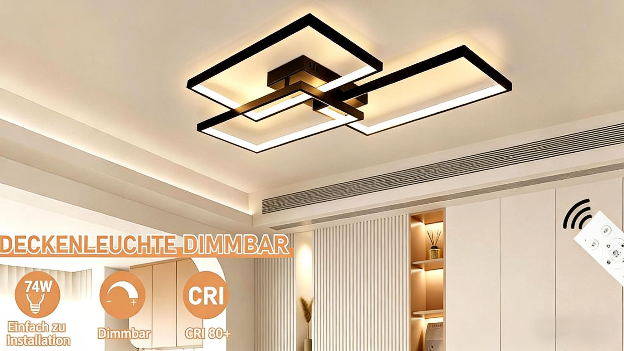 ZMH LED Deckenleuchte Schwarz Dimmbar mit Fernbedienung Wohnzimmer Deckenlampe  80CM 74W Modern Rechteck Metall für Schlafzimmer Kinderzimmer küchen