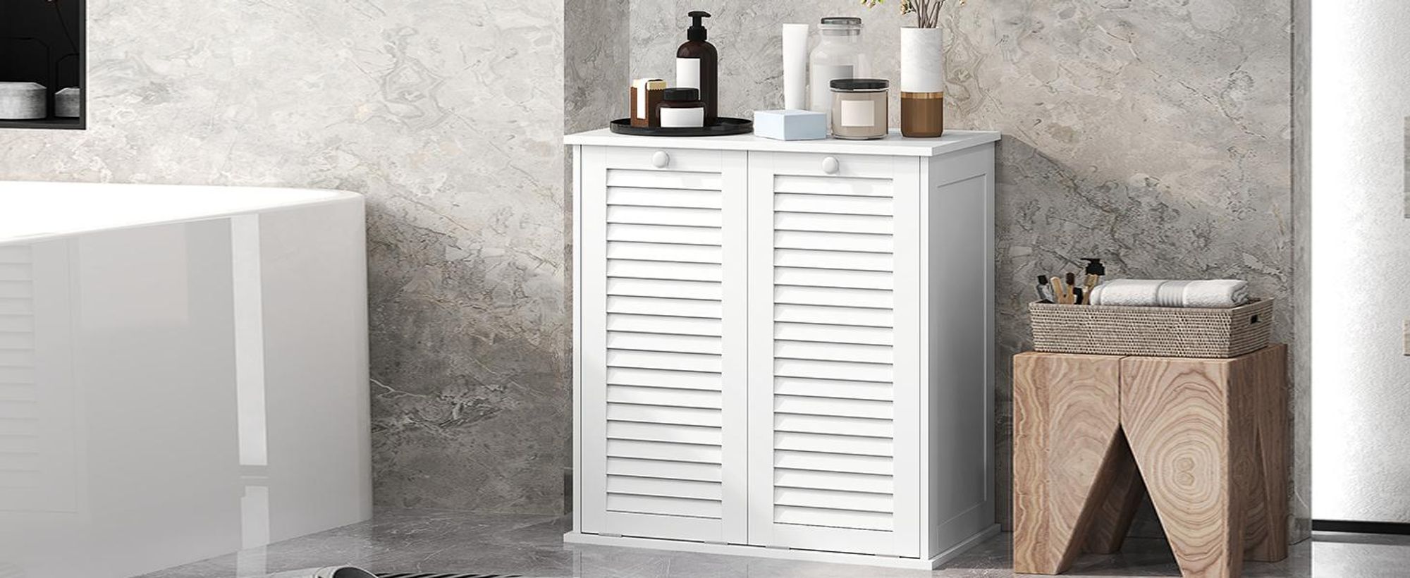 Szafka na pranie HOMCOM, szafka łazienkowa z 2 koszami na pranie, szafka łazienkowa z uchwytami, drzwi żaluzjowe, szafka na pranie, meble łazienkowe, 70 x 38 x 73 cm, biała