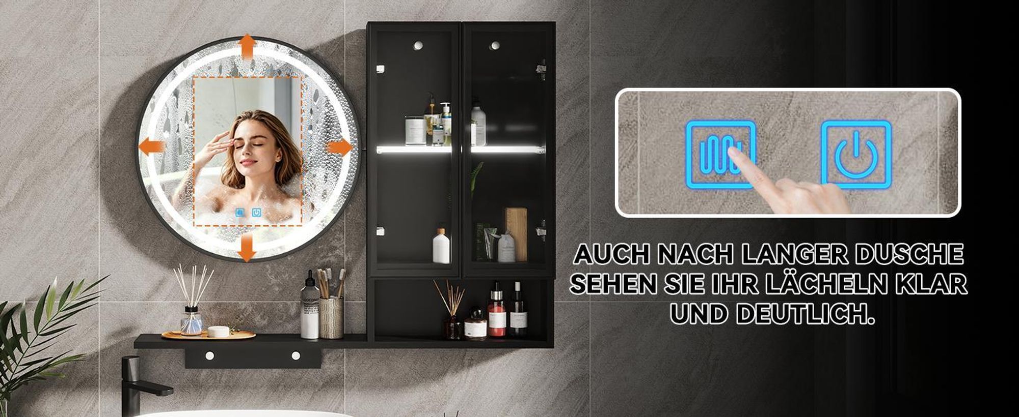 Puluomis Spiegelschrank LED Badspiegel mit Schrank und offenen Fächern, 3 Lichtfarben & dimmbar, Antibeschlag, Touch-Steuerung Wandschrank schwarz
