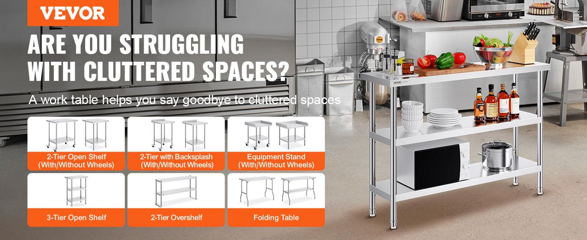VEVOR Edelstahl Vorbereitungs Tisch, 24 x 24 x 34 Zoll, Schwerlast Metall Arbeitstisch mit 3 verstellbaren Höhenstufen, Gewerbliche Arbeitsstation für Küche Garage Restaurant Garten, 356x1219x864 mm