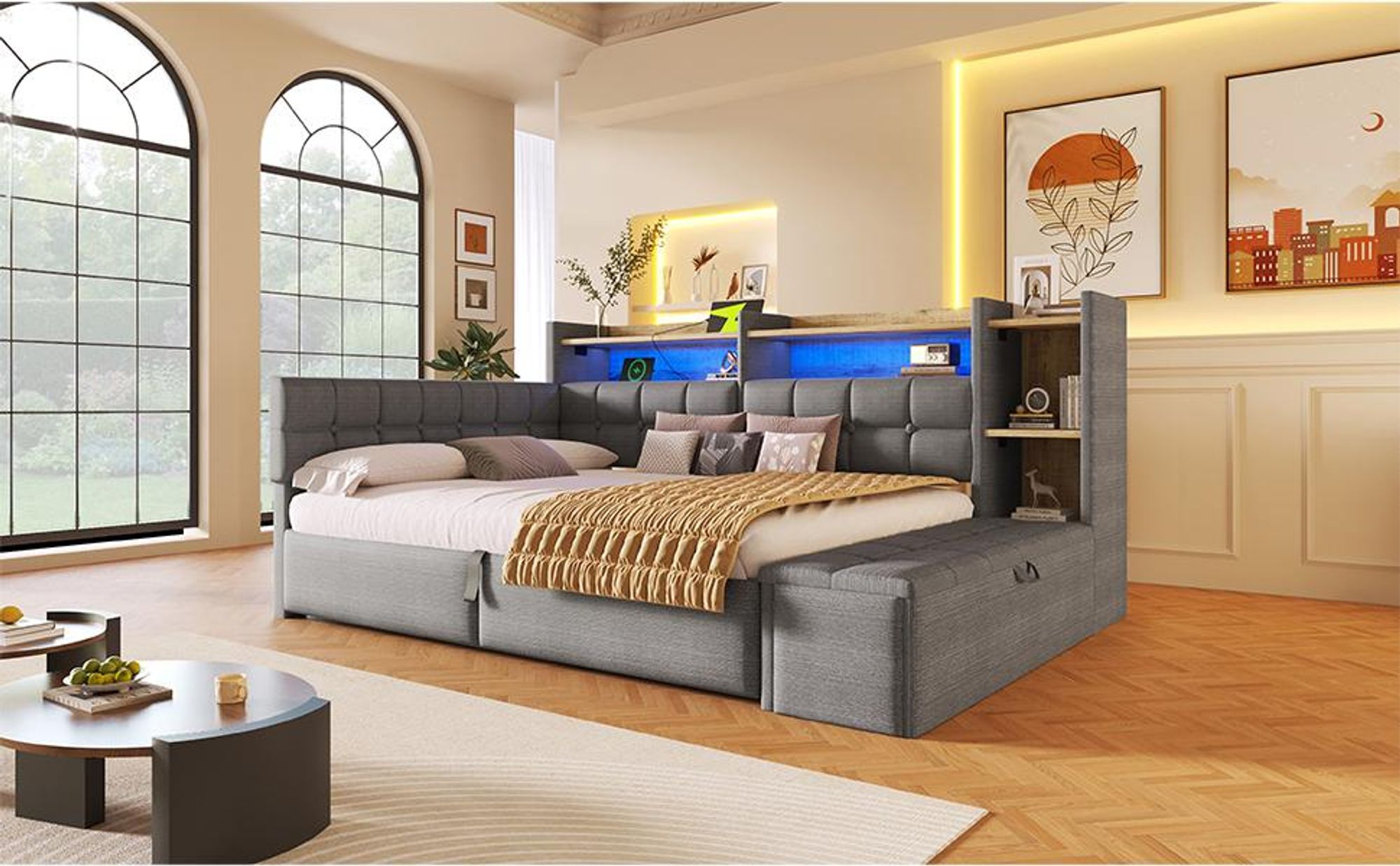 Merax Tagesbett Daybett 140x200cm, Schlafsofa mit 2 Schubladen, USB & Typ-C, Regal mit LED, Stauraumbank, Polsterbett, Kinderbett, Samt, Dunkelgrau