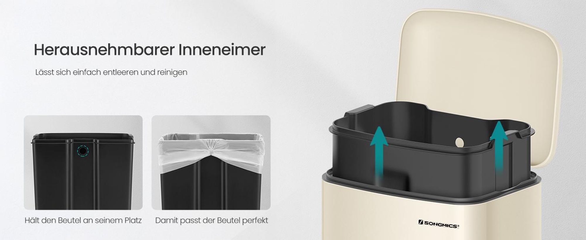 SONGMICS Mülleimer, 30 Liter Abfalleimer, Treteimer aus Stahl, mit Inneneimer und Deckel, Softclose, luftdicht, für die Küche, cremeweiß LTB001A01