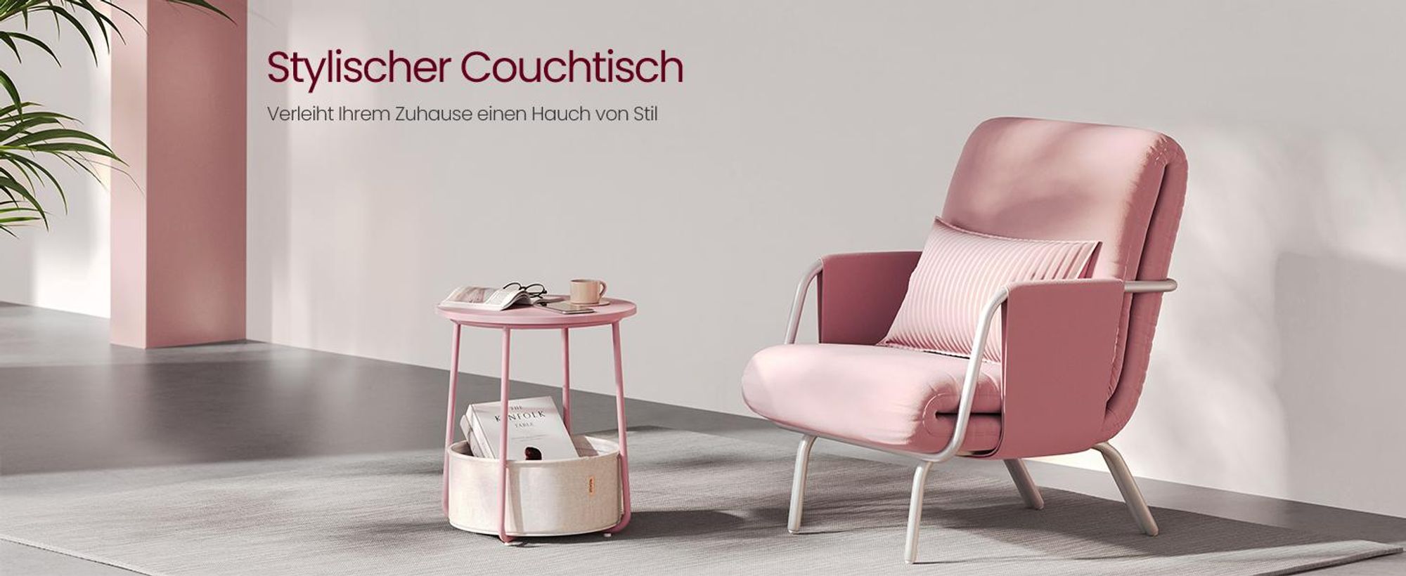 VASAGLE Beistelltisch, rund, mit Korb, Ø45 cm, pastellrosa-wolkenweiß