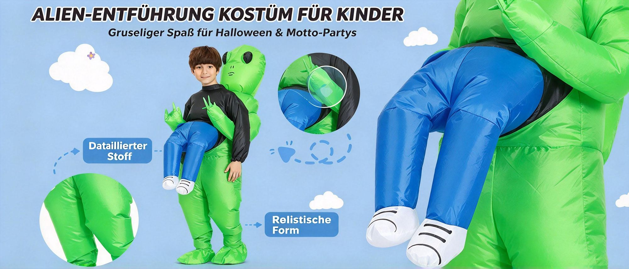 Juksun Alien Kostüm 120-150cm für Kinder PVC und Polyester grün blau aufblasbar mit Pumpe für Halloween Karneval Party