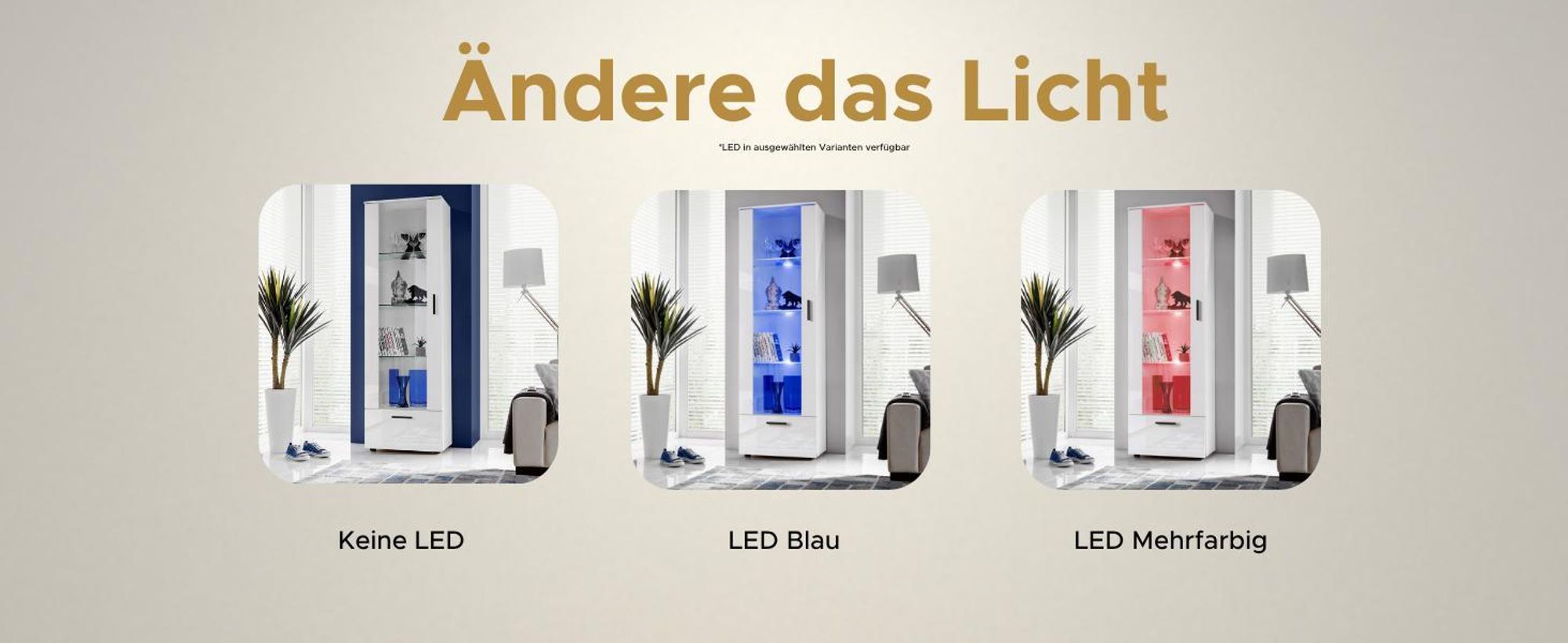 Komodee, Vitrine Schrank Alessandria, Weiß/Weiß, Breite 60cm x Höhe 192cm x Tiefe 42cm, 3 Glasböden, 1 Regal aus laminierter Platte, für Wohnzimmer, Schlafzimmer, LED Blau