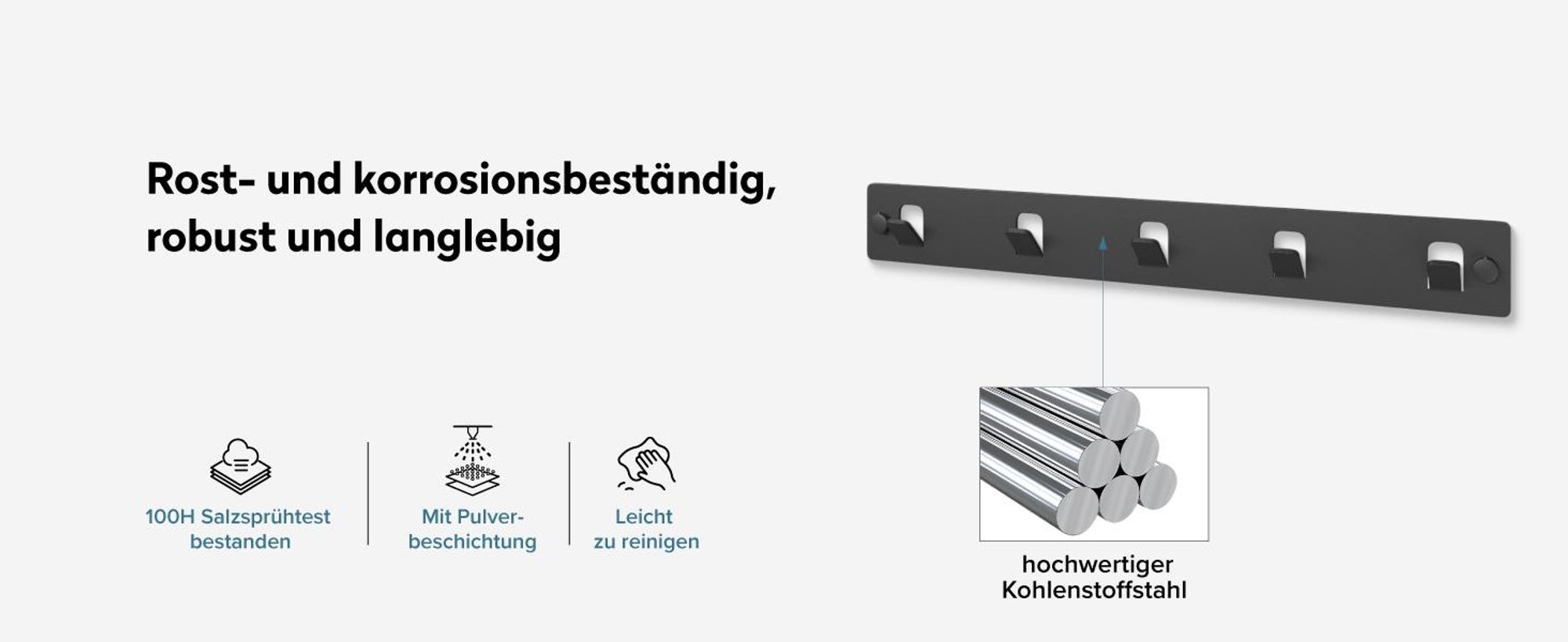 doporro Garderobenleiste mit 5 Haken, Wandgarderobe mit Garderobenhaken, Kleiderhaken Wand, selbstklebend oder zum Bohren, Schwarz, Stalo-14