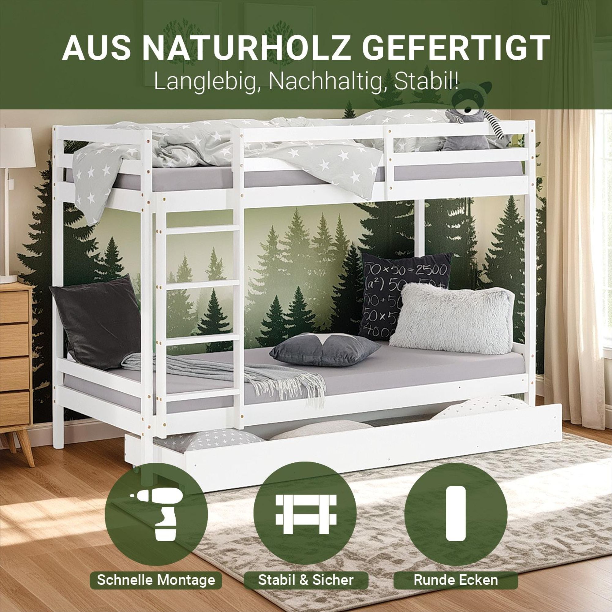 Das weiße Holzbett ist aus stabilem Kiefernholz gefertigt.