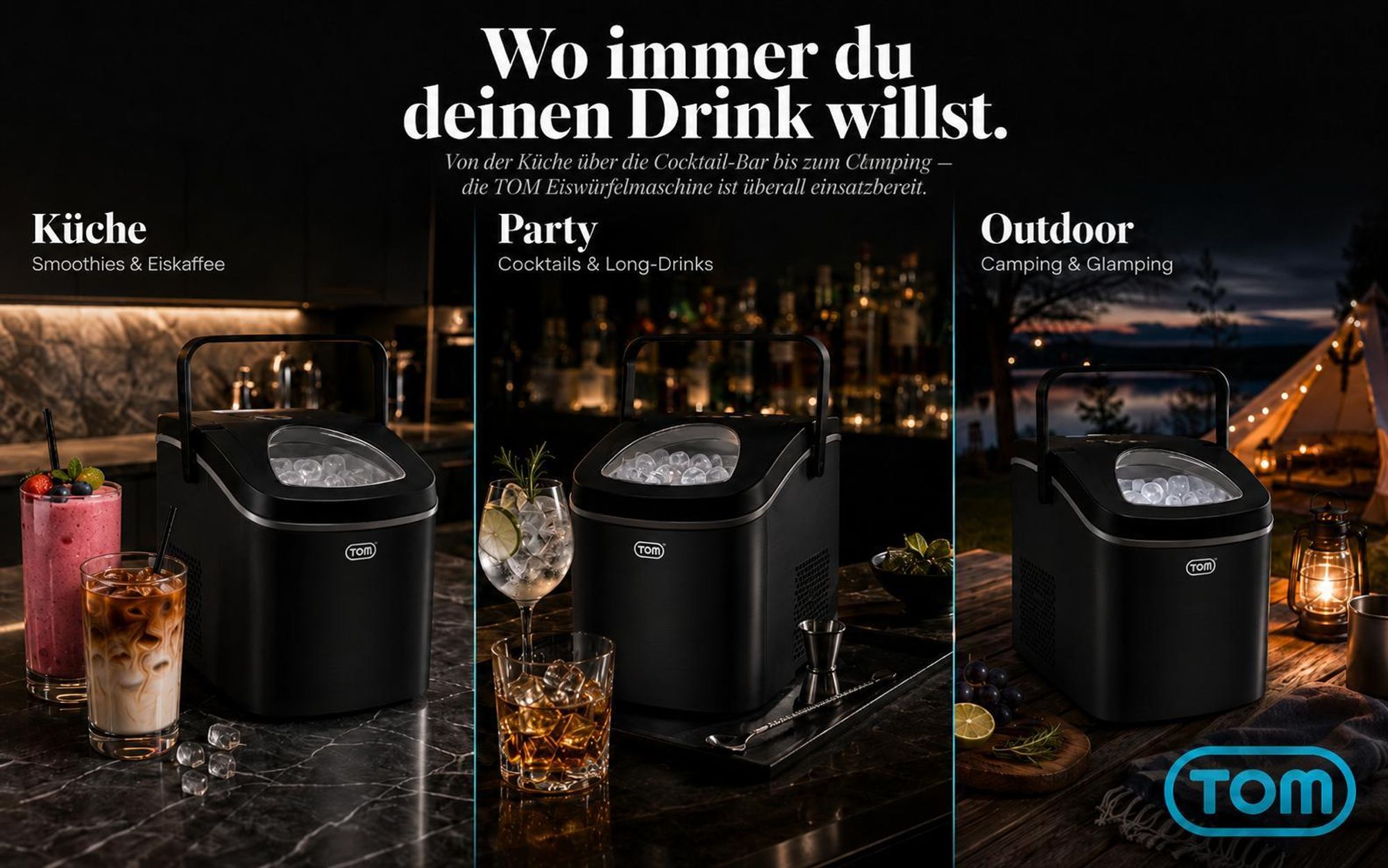 Eiswürfelmaschine Eiswürfelbereiter Schwarz 1,3 Liter mit Eiszange TOM | 12kg / 24h | 2 Größen | LED-Display | Herausnehmbarer Eiswürfelkorb