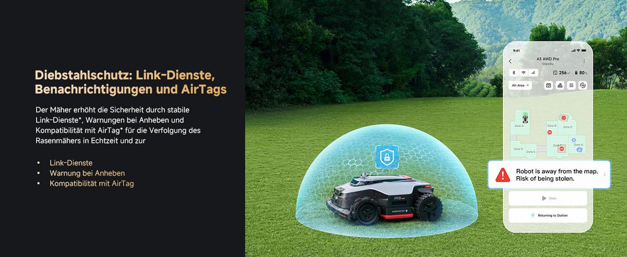 DREAME A3 AWD Pro-3500 Mähroboter,OmniSense 3.0,360° 3D LiDAR,KI binokulare Sicht＆automatische Kartierung, Allradantrieb mit Nabenmotoren,3500㎡,38,7°