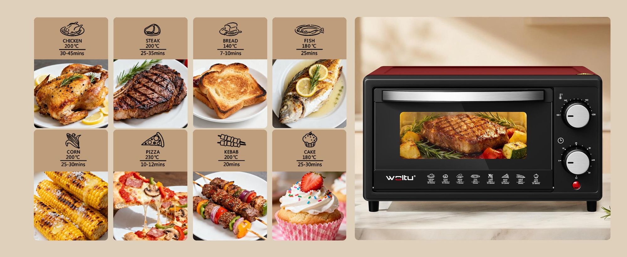 WOLTU Mini Backofen 10 Liter, kleiner Backofen, Pizza-Ofen, 100-230 °C, Timer 0-60 Min., Miniofen mit Backblech Grillrost Entnahmegriff, Rot