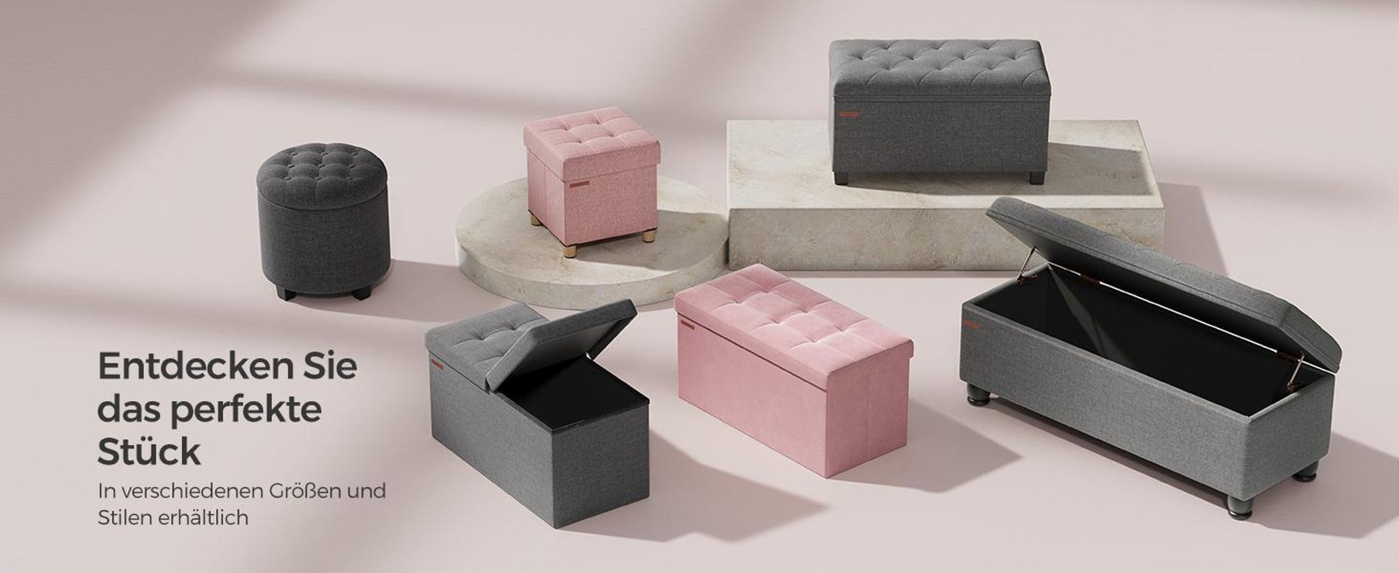 SONGMICS Sitzbank mit 2 extra Aufbewahrungsboxen, klappbar, 38 x 76 x 38 cm, bis 300 kg belastbar, Pastellrosa