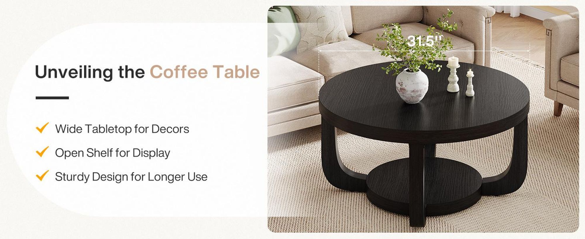 Tribesigns runder Couchtisch, 2-stöckiger runder Couchtisch mit Stauraum, Beistelltisch Holz Wohnzimmer, dicke Tischplatte Gestell, Schwarz