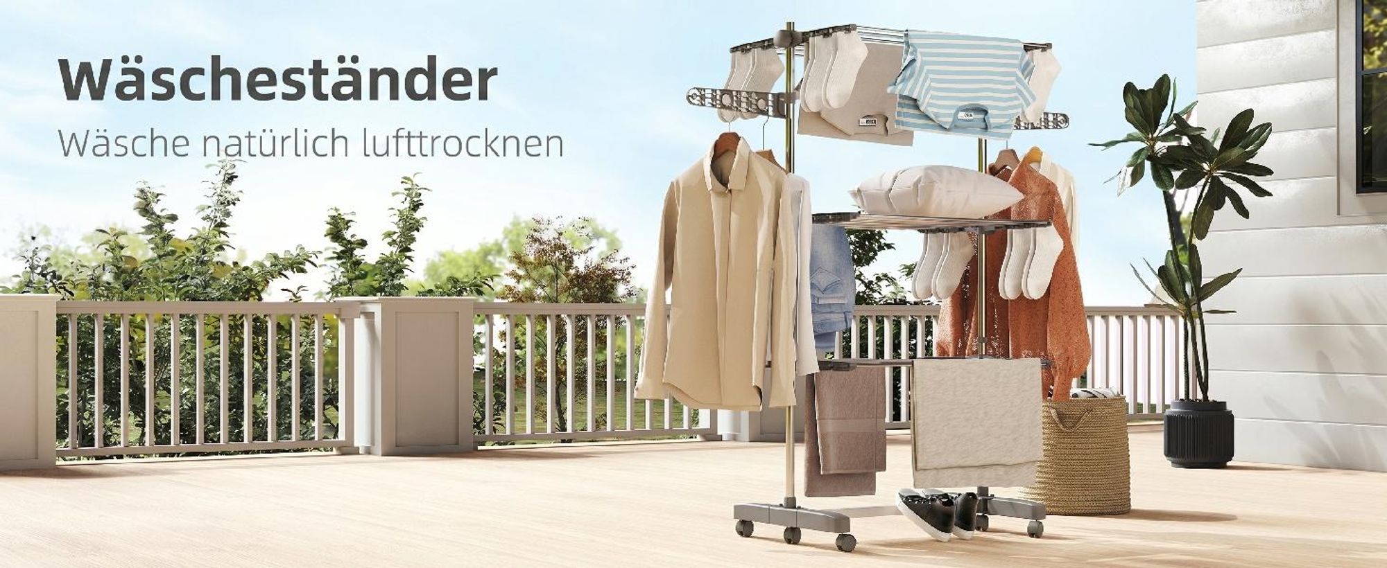 Mobiler Wäscheständer Wäschetrockner-Turm Seitenflügel auf 3/4 Ebenen Grau