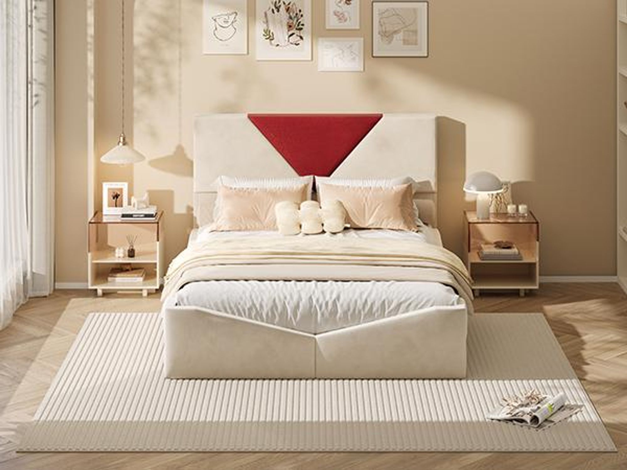 INONEFT Boxspringbett 140x200 cm, Doppelbett Polsterbett mit 4 Schubladen, Schubladenbett Jugendbett,Leinen,Samt, Weiß/Rot