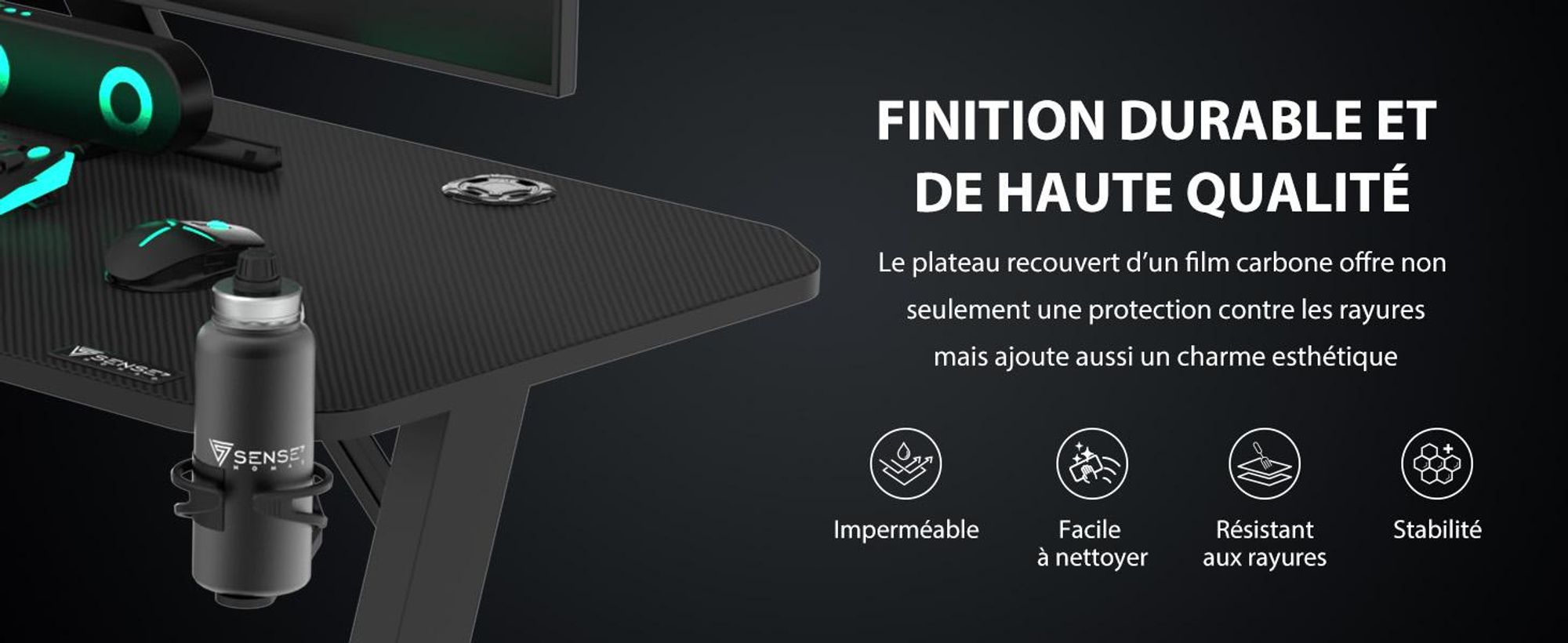 SENSE7 Nomad Basic : bureau gaming 120 x 60 cm, bureau d'ordinateur, bureau PC, bureau pour gamers, aspect carbone, support pour casque, gestion des câbles