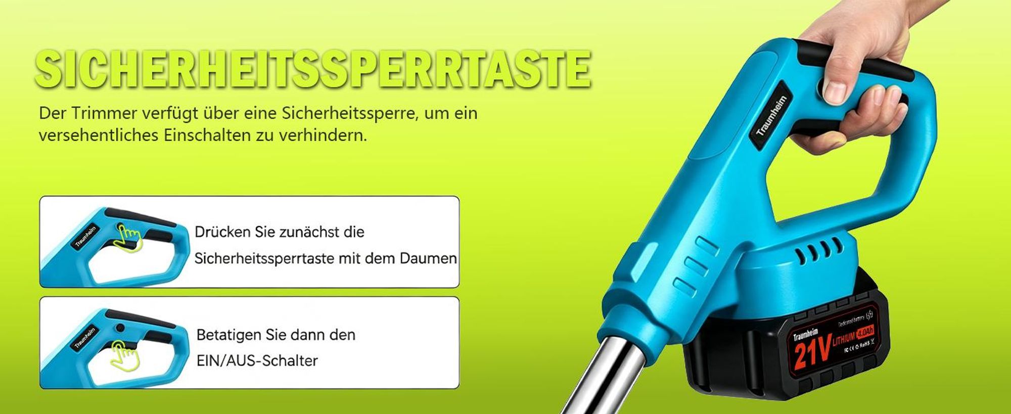 Akku Rasentrimmer 750W mit 2× 4000mAh Akkus 21V, 4 in 1 Bürstenloser Motor Rasentrimmer mit Unkrautbürste, Freischneider mit Messer und Ladegerät