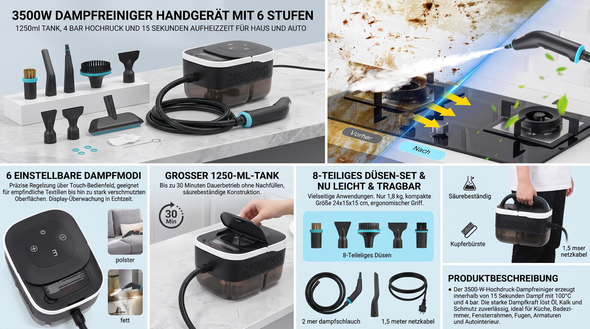 3500W Dampfreiniger Handgerät mit 6 Stufen, 8 Düsen, 1250ml-Tank, 4-bar-Hochdruck und 15-Sekunden-Aufheizzeit für Haus und Auto