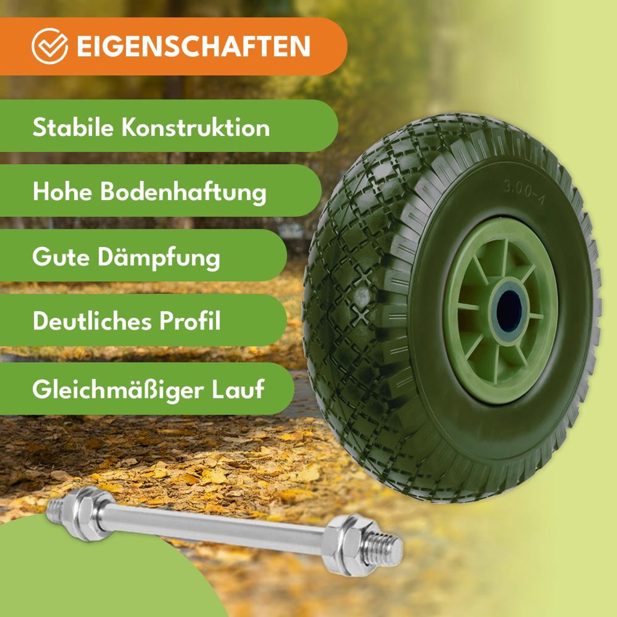 KRUMAD Schubkarrenrad Vollgummi 3.00-4, Polyurethanpannensicheres Ersatzrad mit Achse und Stahlfelge für Schubkarre & Sackkarre