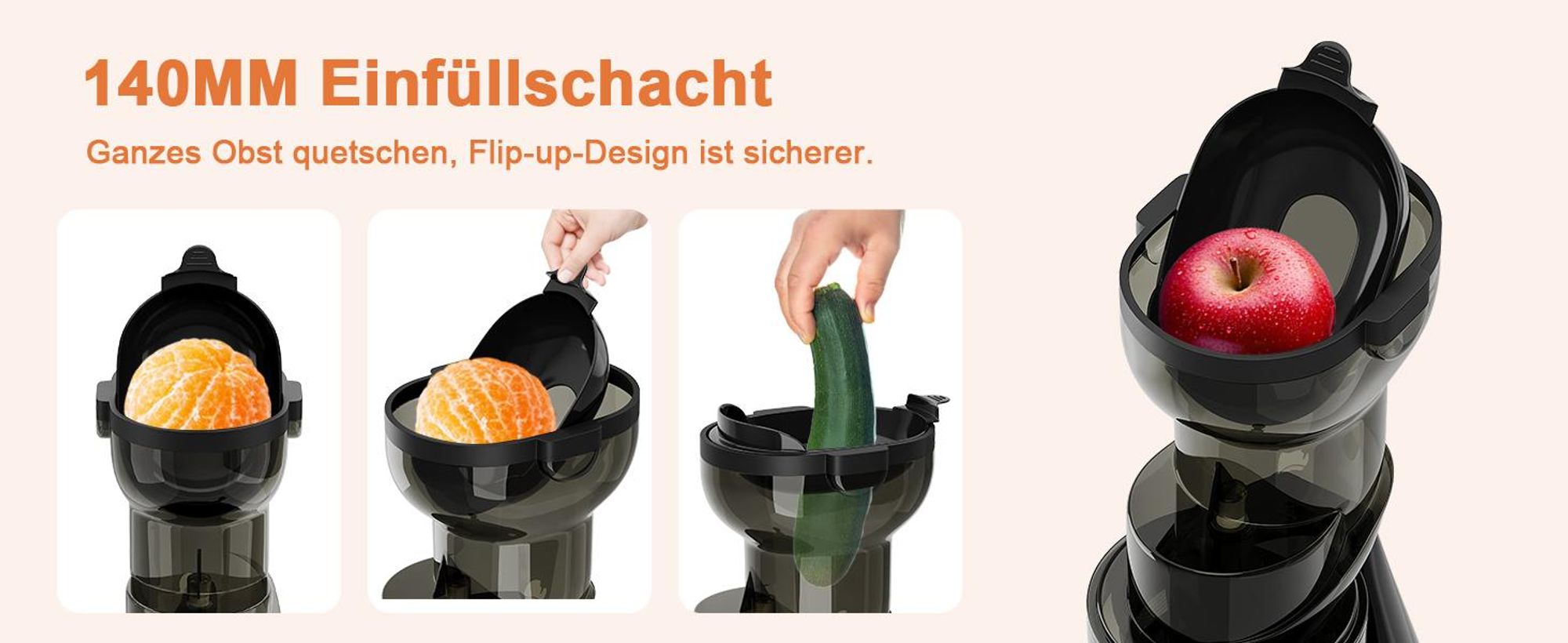 HOMELUX Entsafter 140 MM Slow Juicer 150W Einfüllschacht für Ganze Gemüse und Obst Kaltentsafter Elektrische mit 2 Tassen Reinigungsbürste, Silber