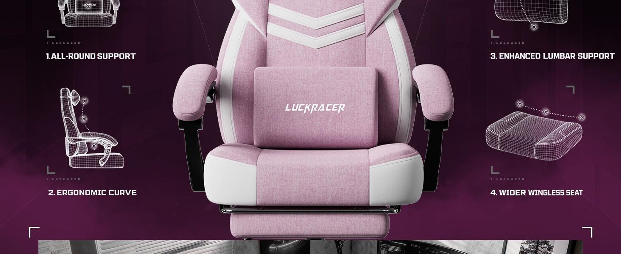 LUCKRACER Gaming stoel, bureaustoel met verbonden armleuningen, memory foam kussens, een kantelbereik van 90–155° en een voetsteun, gemaakt van duurzaam materiaal