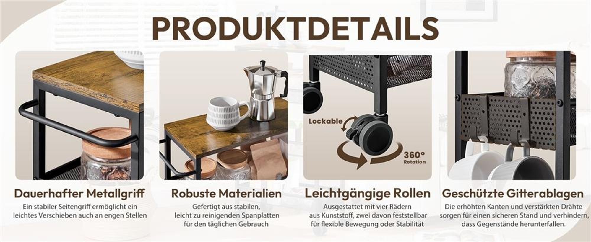 Yaheetech Rollwagen Küchenwagen, Nischenregal auf Rollen, 22 cm schmal, mit 4 Ebenen, Servierwagen, für kleine Küchen & Räume, Schwarz