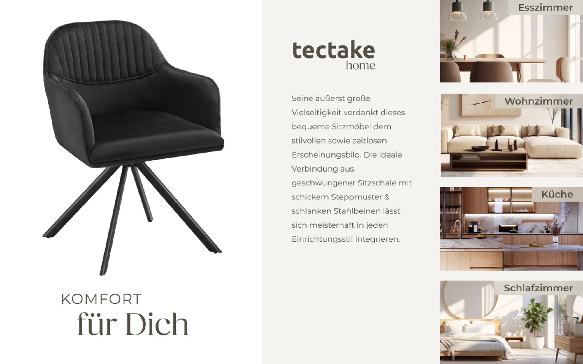 tectake® Samt-Drehstuhl Lona gepolstert 56 x 59 x 81 cm