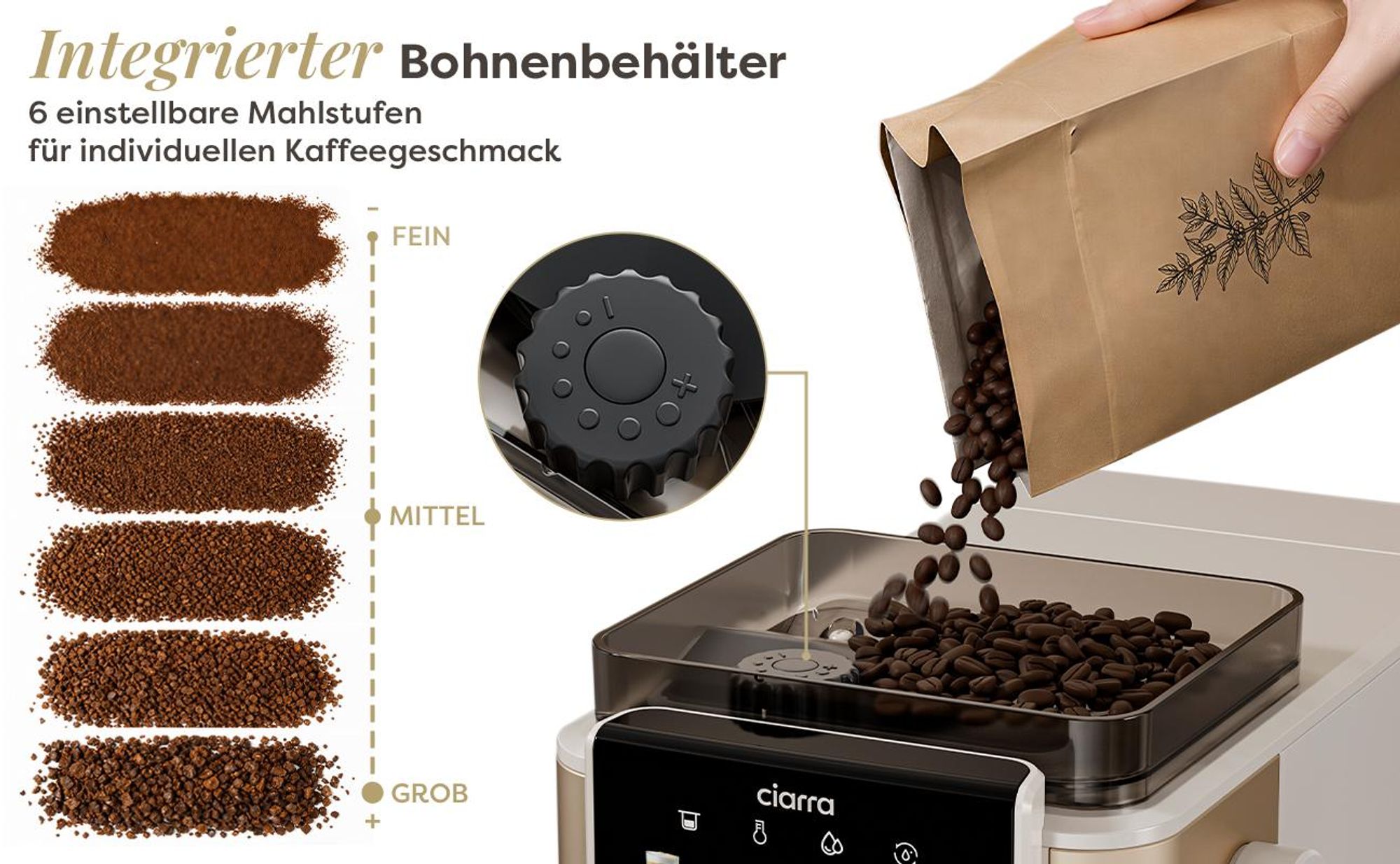 CIARRA Kaffeemaschine mit Mahlwerk Bohnen, 15 Bar, Touch-Display, Espressomaschine mit Milchaufschäumer(300 ml), 6 Mahlstufen CBSACM-D6