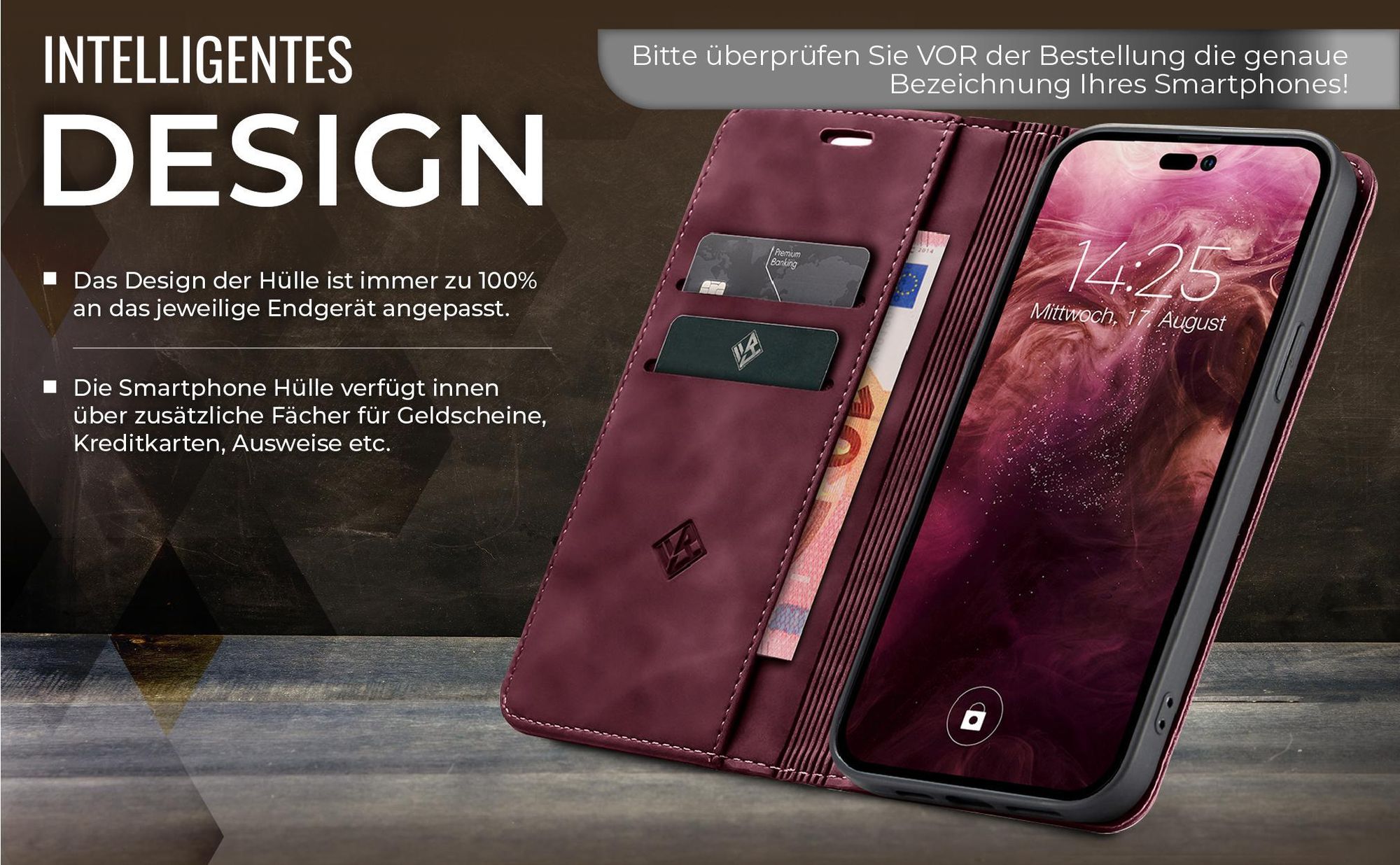 Edle Schutzhülle in Weinrot für Apple iPhone 14 Pro mit Kartenfächern und Geldfach