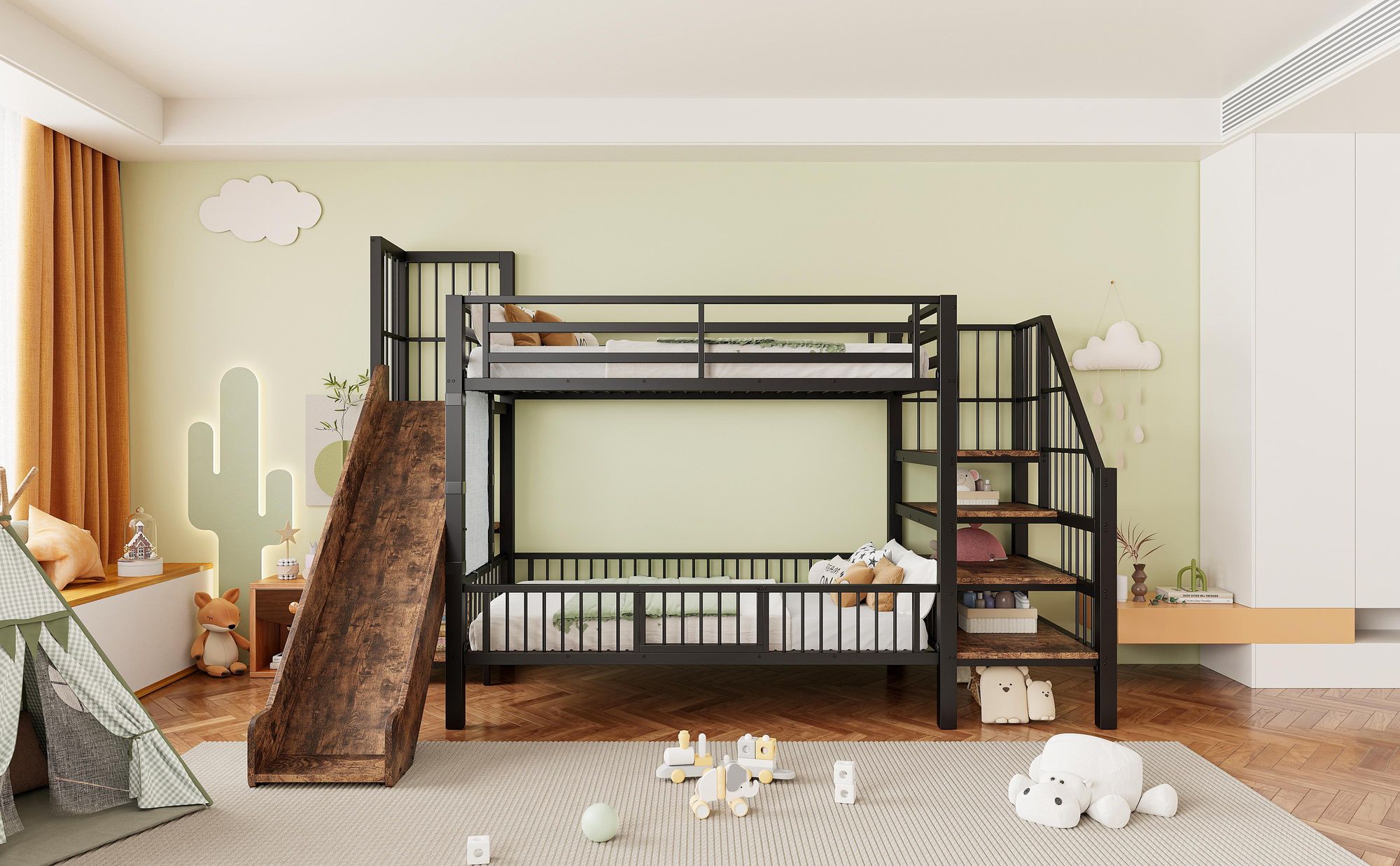 Metall-Hochbett für Kinder mit Rutsche und Stauraumtreppe 90*200CM Etagenbettgestell