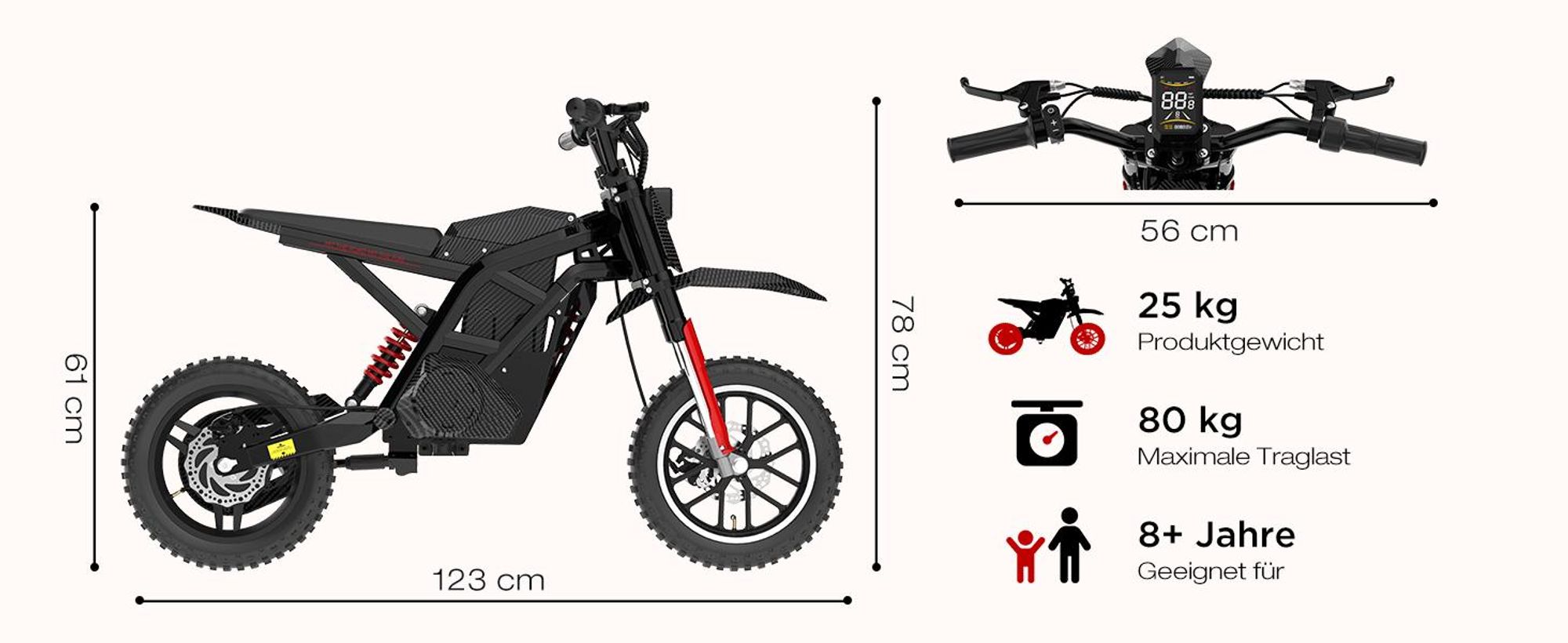 HITWAY HT100 Elektro-Kindermotorrad, 25 km/h, 30–45 km Reichweite, 36V 10,4Ah, 400W, mit LCD‑Display
