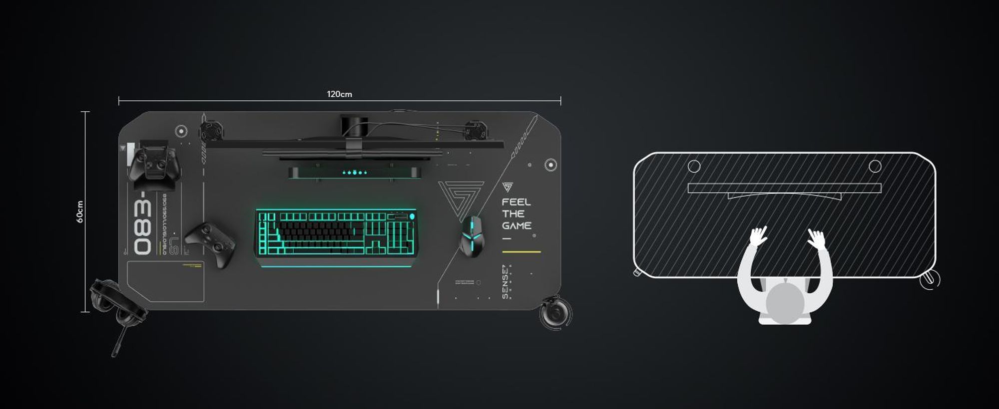 SENSE7 Nomad Kybernetický herní stůl 120 x 60 cm včetně podložky pod myš XXL Počítačový stůl PC stůl Herní stůl Malý psací stůl Do dětského pokoje