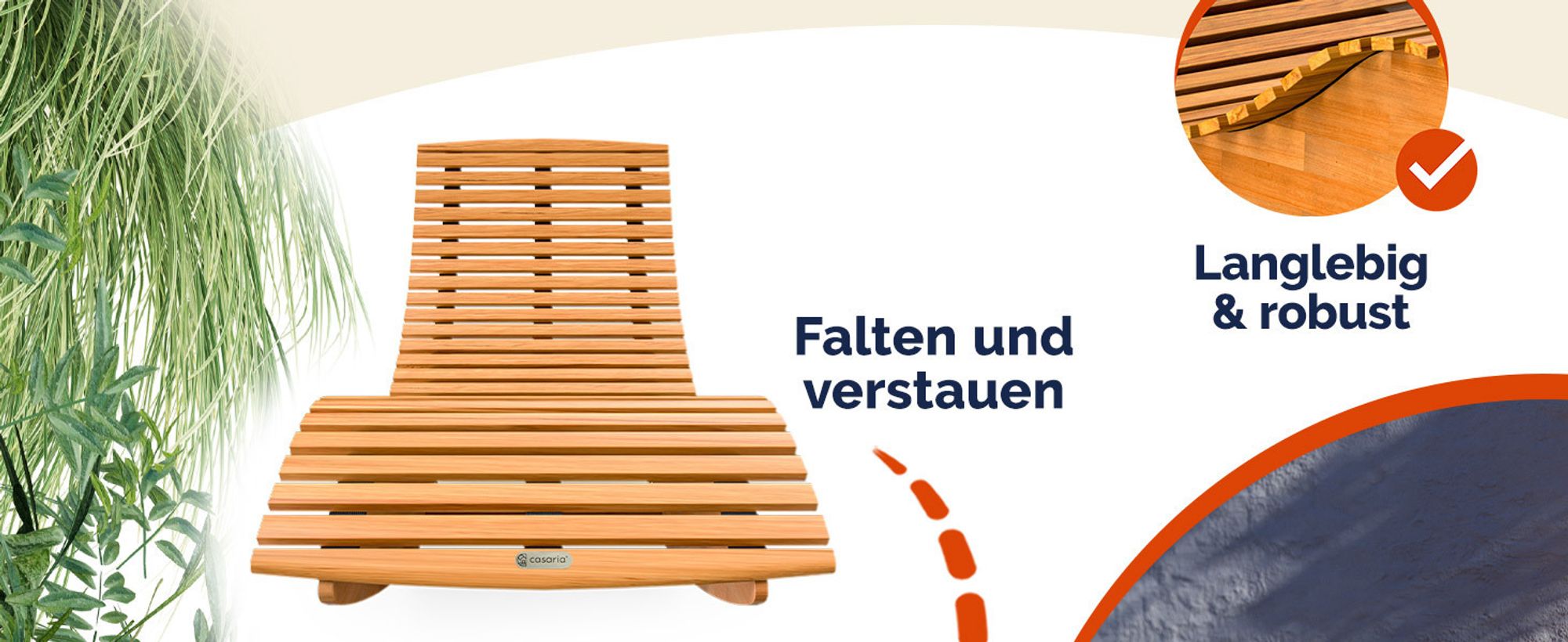 Die Liege von direkt vorne gesehen. Falten und verstauen. Langlebig und robust.