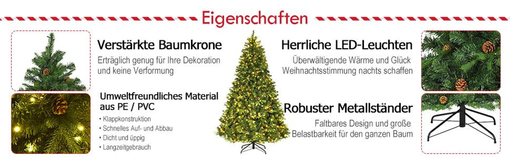 COSTWAY 240cm LED Künstlicher Weihnachtsbaum, Christbaum mit Klappsystem und Metallständer, Tannenbaum geschmückt, Kunstbaum Weihnachten ideal für Zuhause, Büro, Geschäfte und Hotels