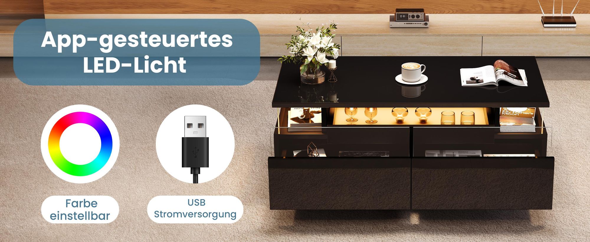 MODFU Couchtisch schwarz mit 2 Schubladen,Kaffeetisch Sofatisch mit stauraum und LED-Licht,Hochglanz-Beistelltisch aus gehärtetem Glas,90×45×35.5cm