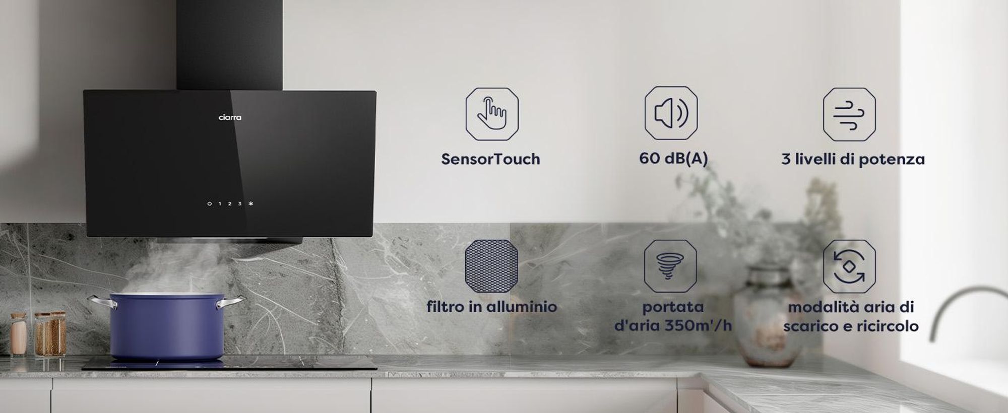 CIARRA cofano cucina 60cm cofano gamma testa 350 m³/h testa libera inclinata cofano estrattore a parete cofano SensorTouch VMB6750C